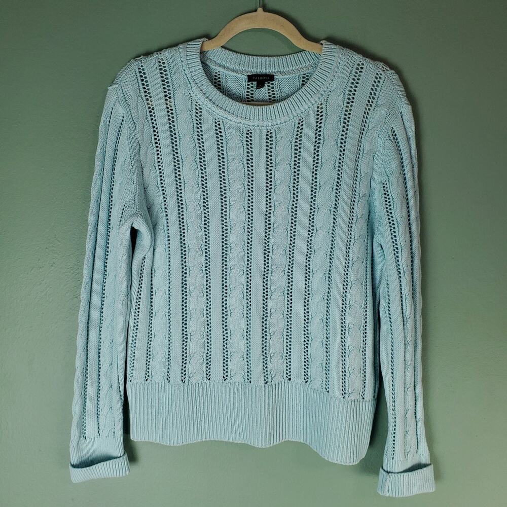 Talbots Womens Blue Cable Knit Crewneck Long Sleeve Sweater Size Medium Preppy
